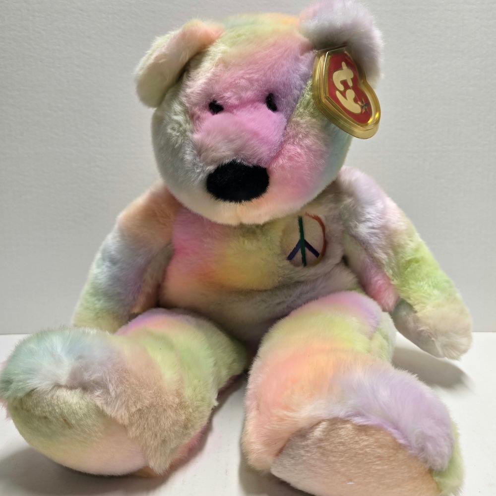 Ty Beanie Buddy Peace Bear Tie Dye Rainbow Plush Large 17 inch 1996 Retro Toy